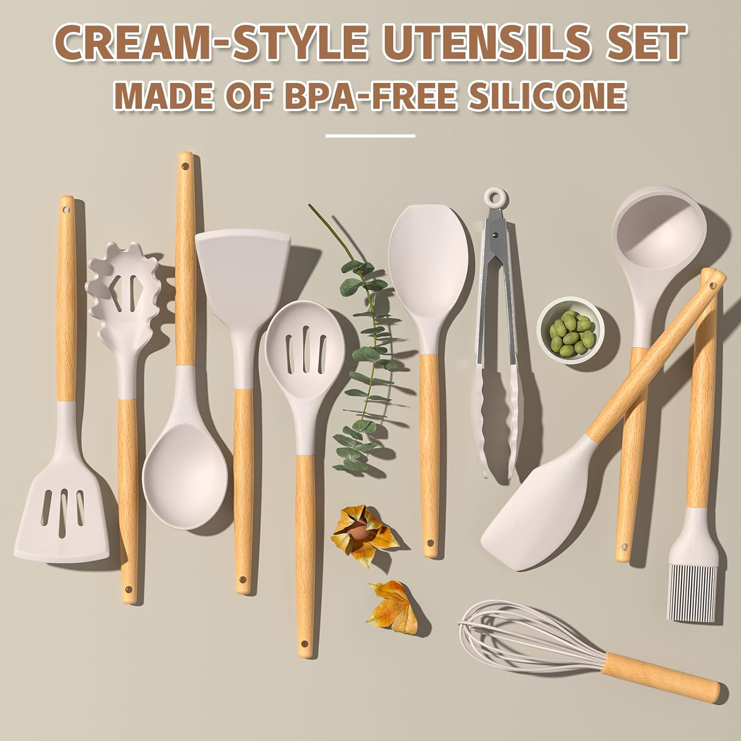 Elegant Silicone & Wood Kitchen Utensil Set with Holder