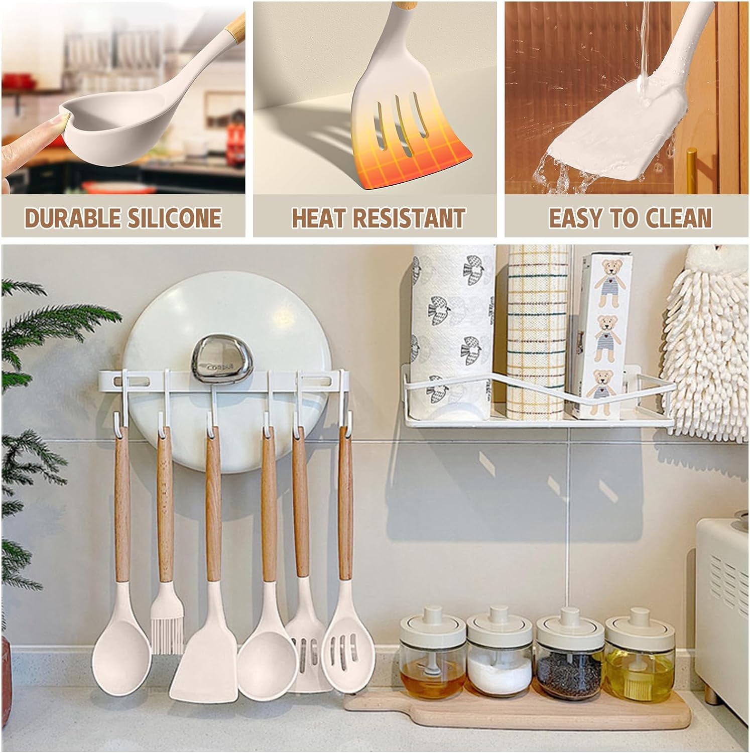 Elegant Silicone & Wood Kitchen Utensil Set with Holder