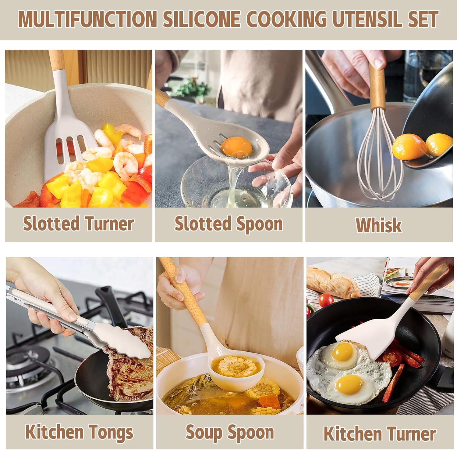 Elegant Silicone & Wood Kitchen Utensil Set with Holder