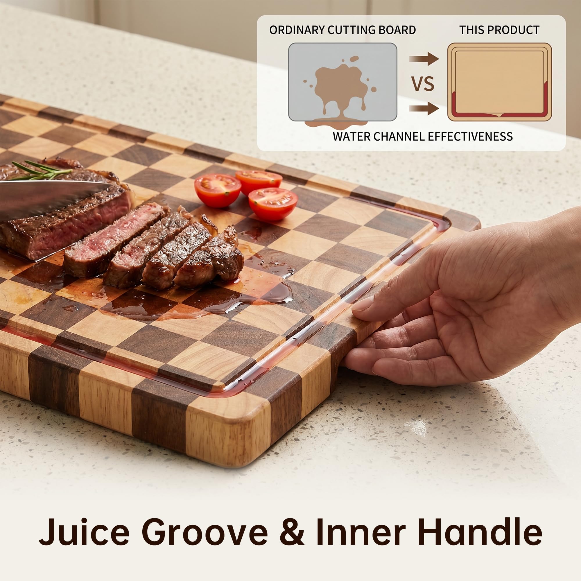 Acacia Wood Cutting Board with Juice Groove and Handles