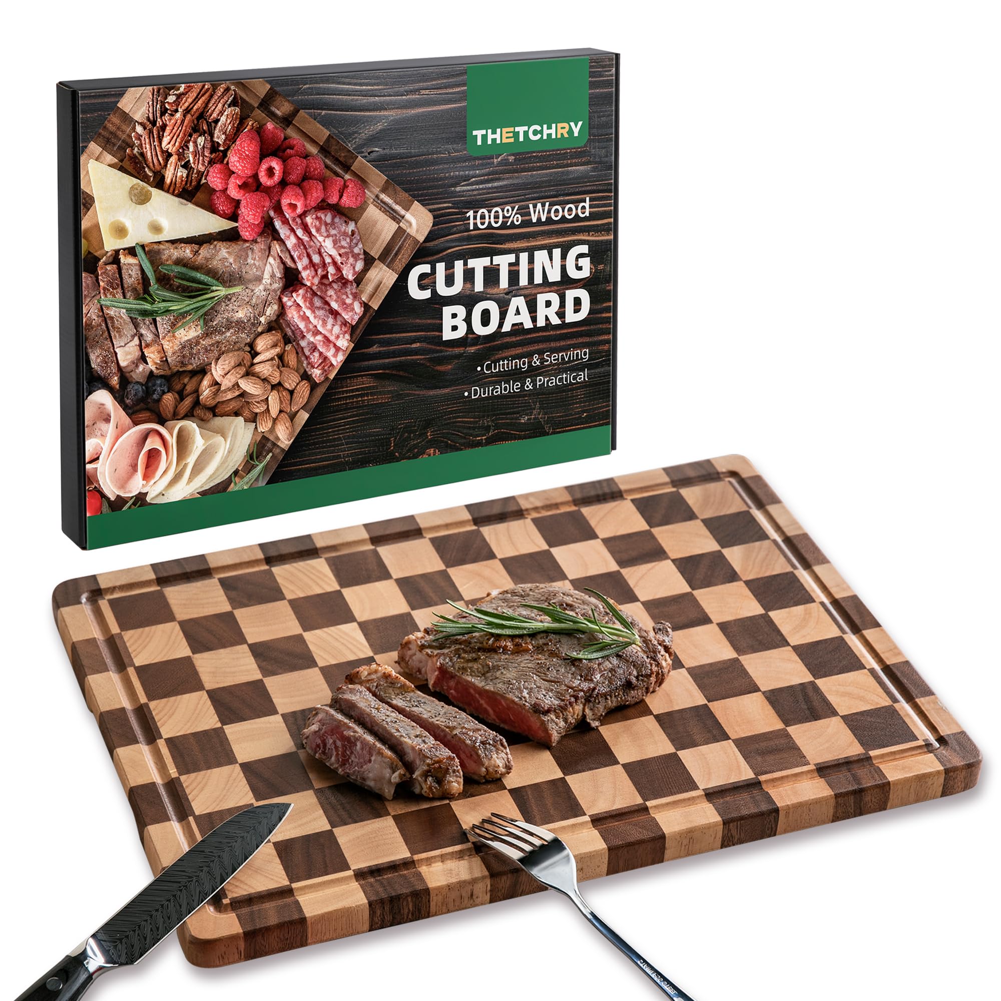Acacia Wood Cutting Board with Juice Groove and Handles