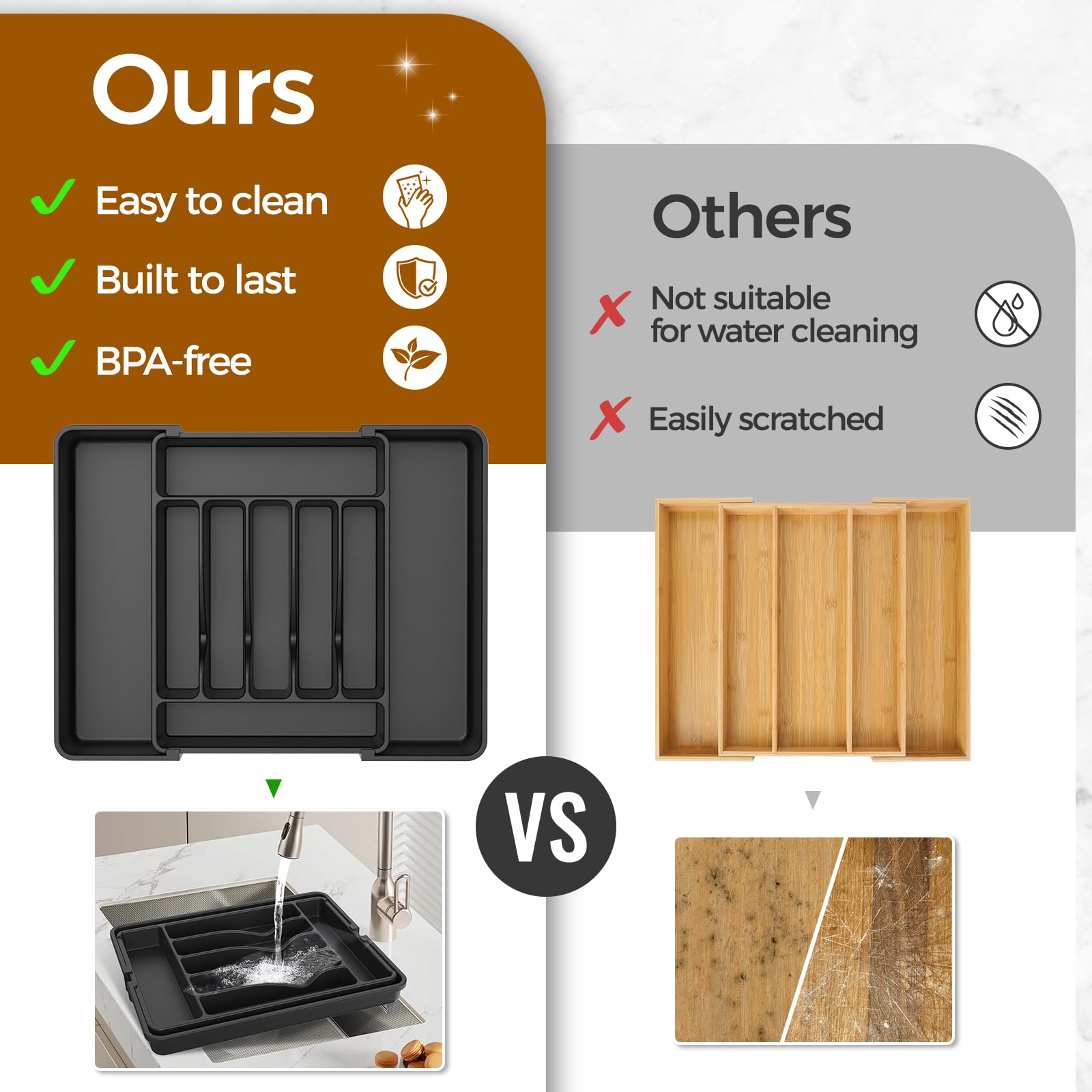 Expandable Kitchen Drawer Organizer, Black