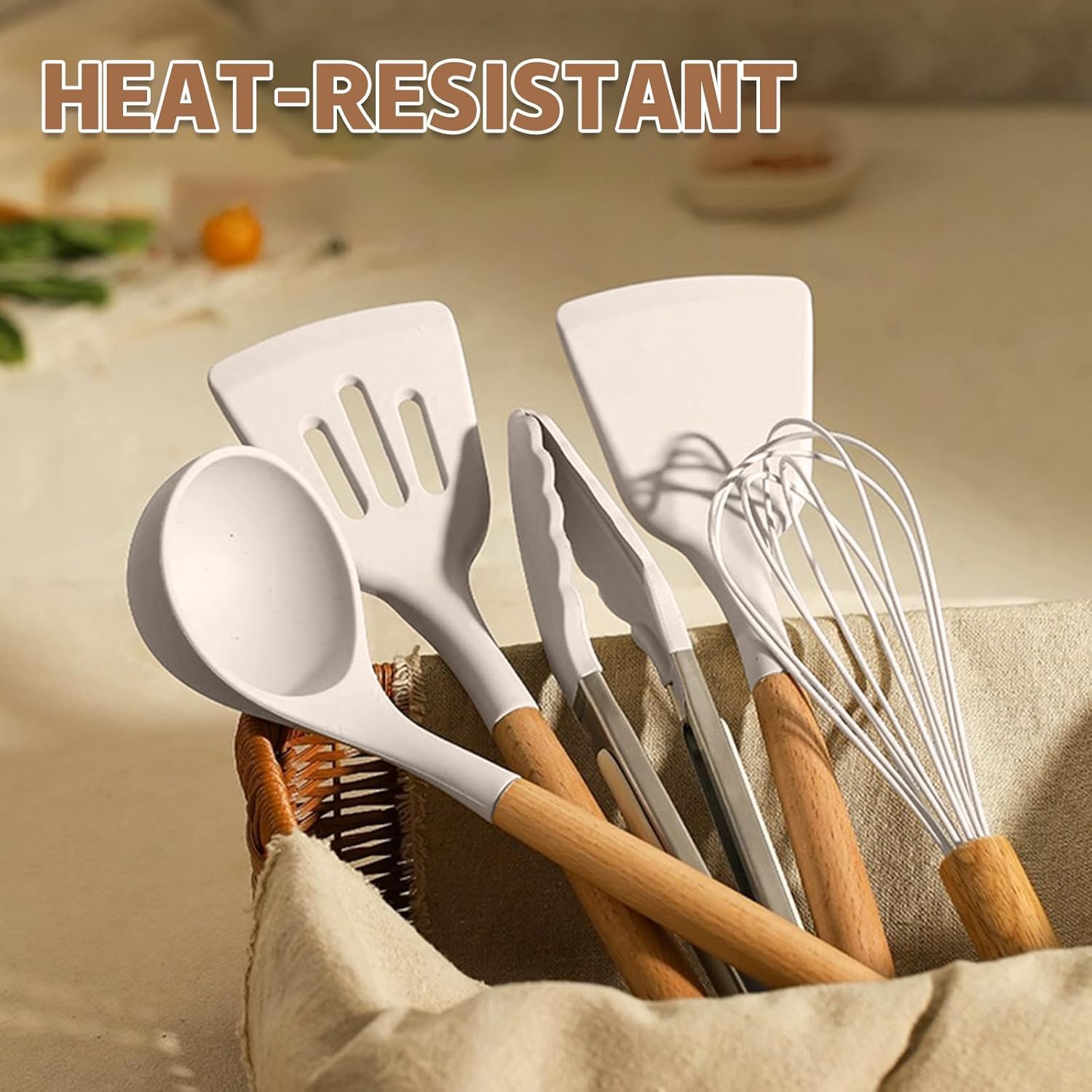 Elegant Silicone & Wood Kitchen Utensil Set with Holder