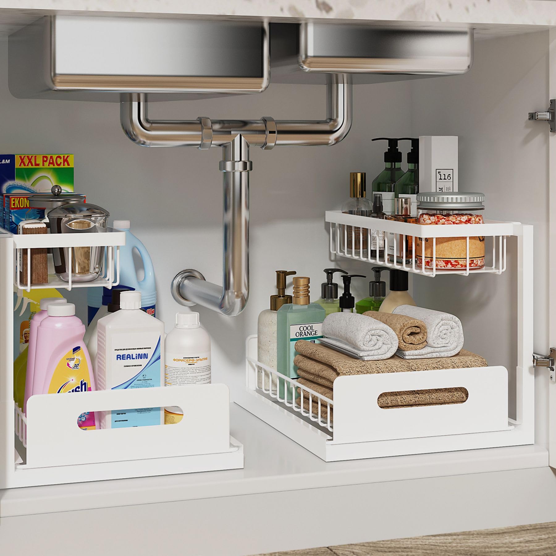 Two-Tier L-Shaped Pull-Out Under Sink Cabinet Organizer