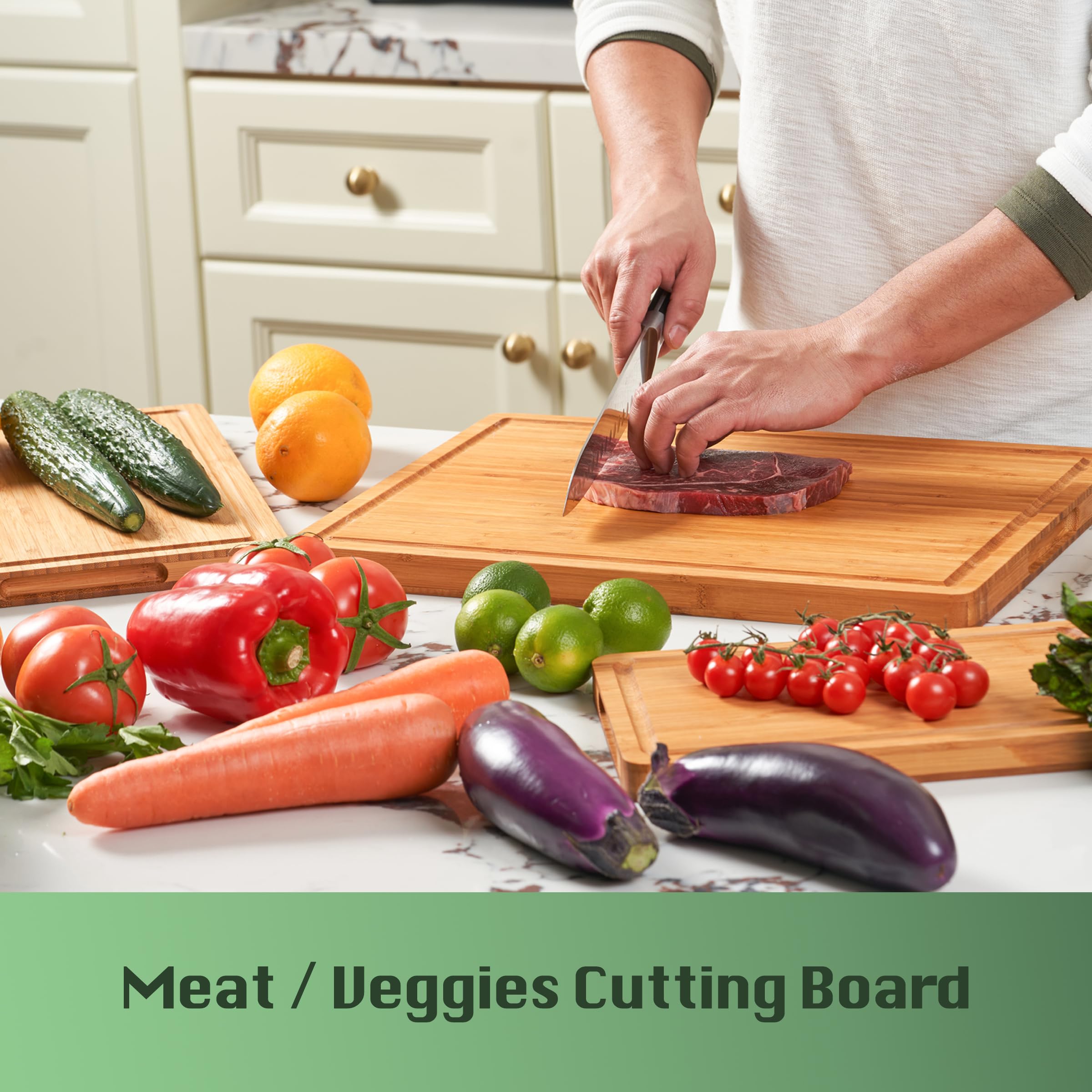Premium Bamboo Cutting Board with Juice Grooves and Handles
