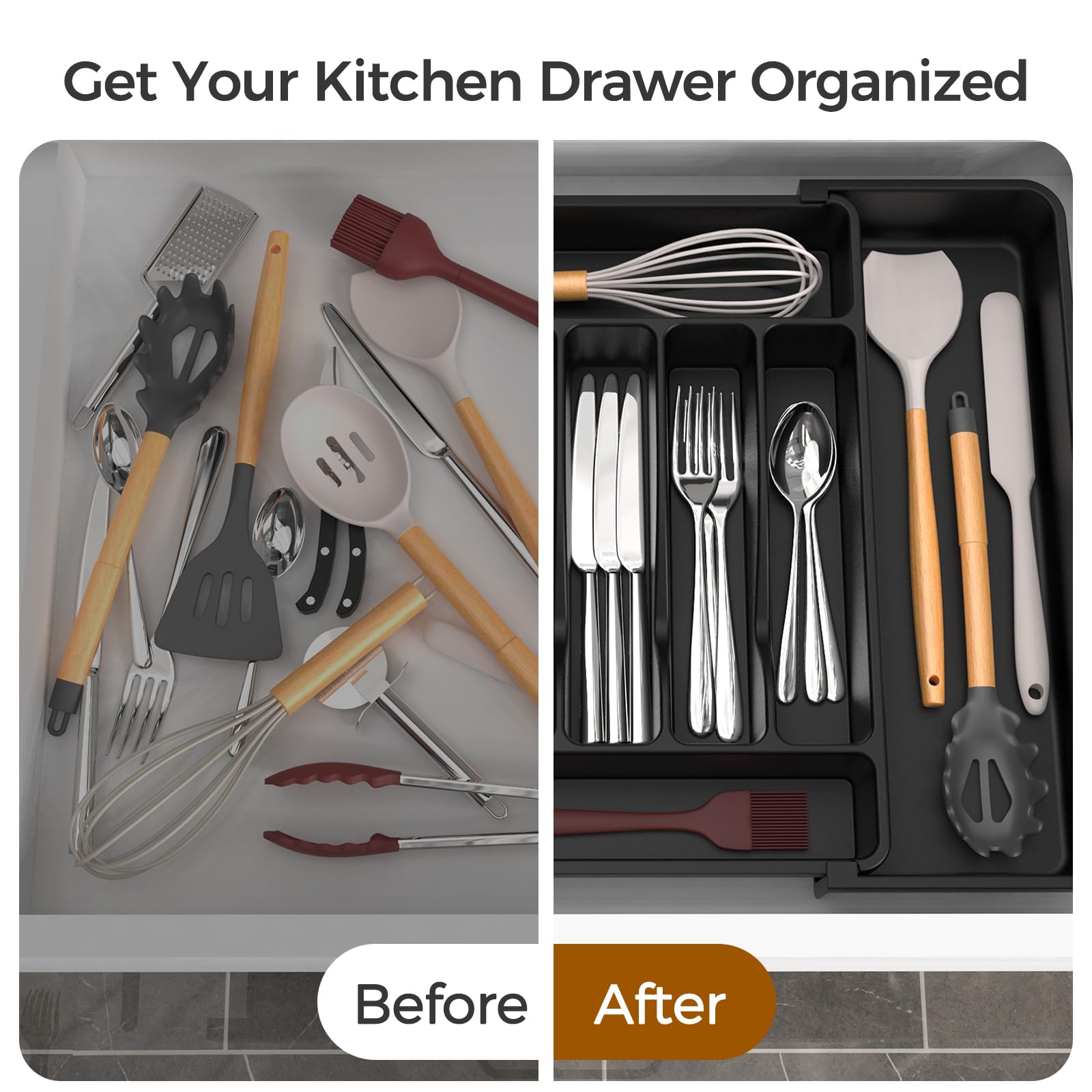 Expandable Kitchen Drawer Organizer, Black