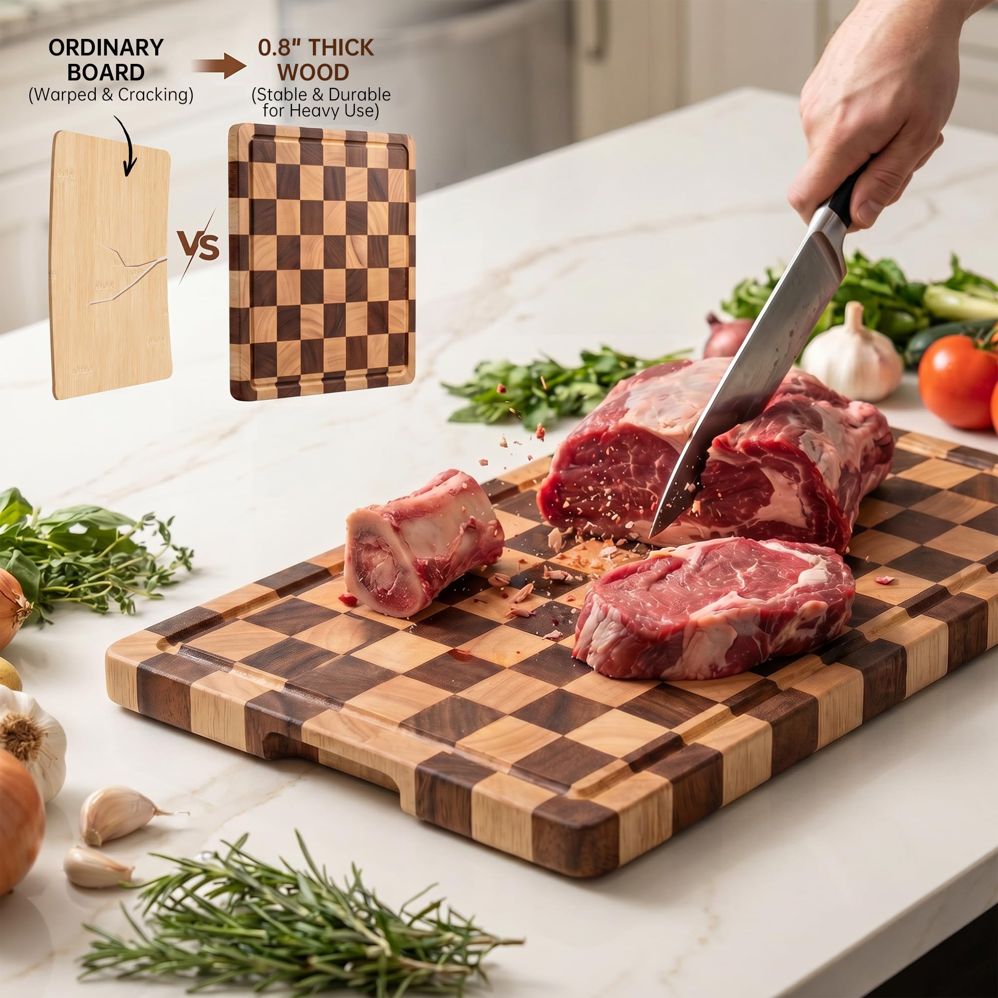 Acacia Wood Cutting Board with Juice Groove and Handles