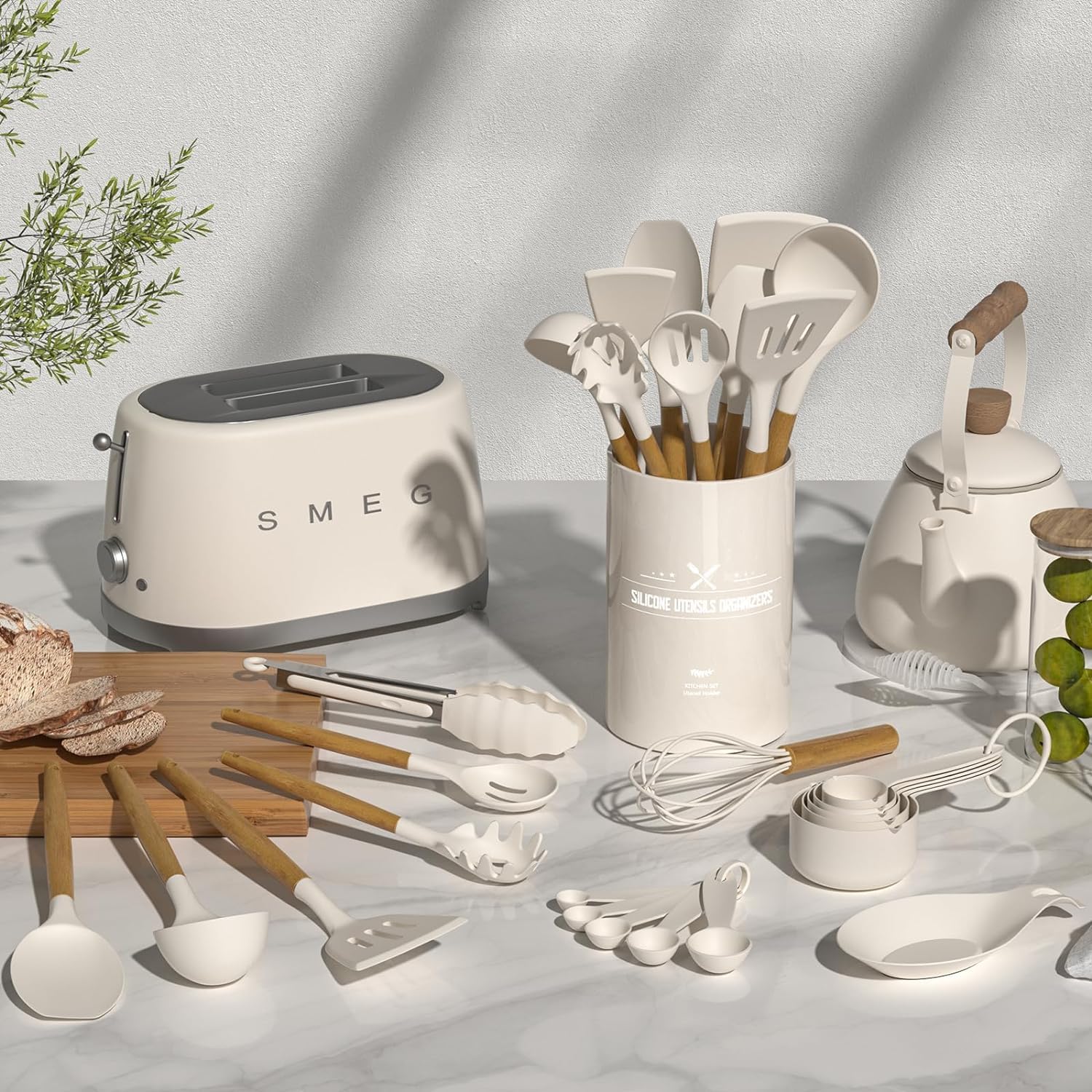 Elegant Silicone & Wood Kitchen Utensil Set with Holder