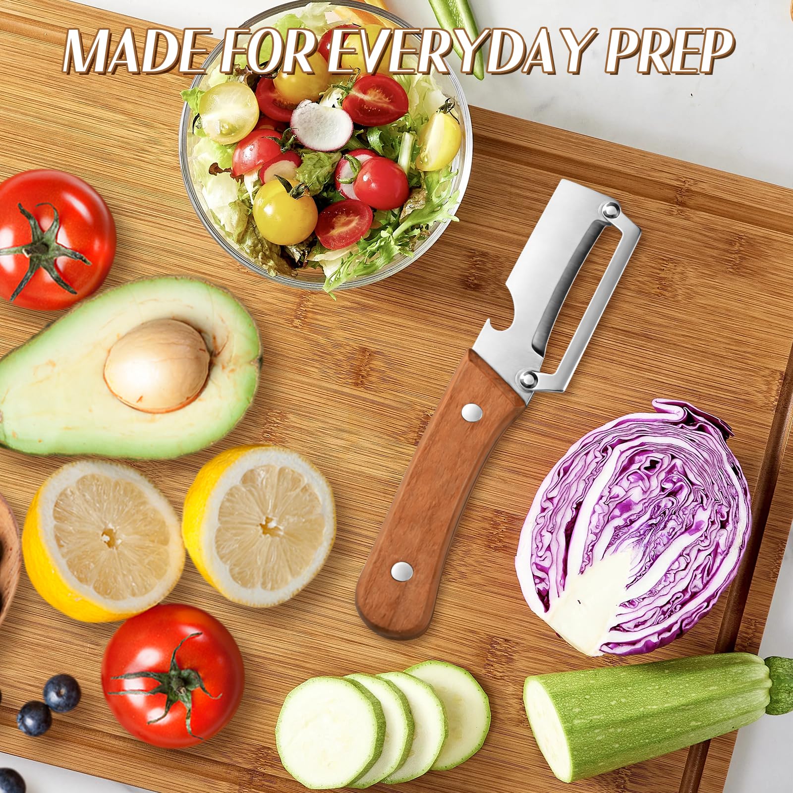 Premium Vegetable Peeler with Wood Handle and Bottle Opener