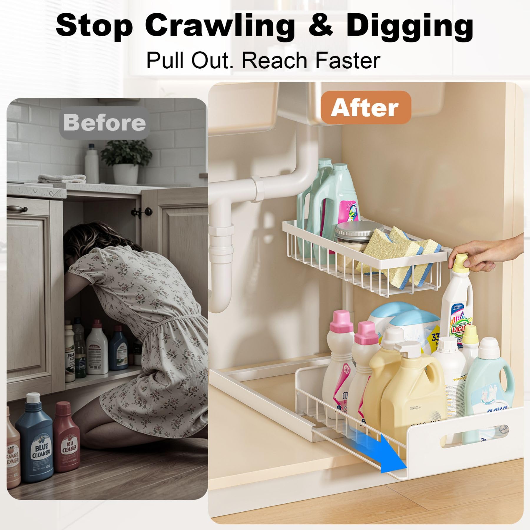 Two-Tier L-Shaped Pull-Out Under Sink Cabinet Organizer