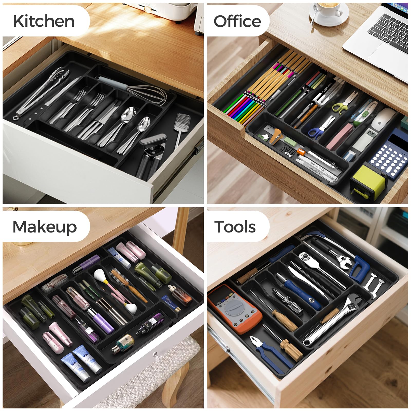 Expandable Kitchen Drawer Organizer, Black
