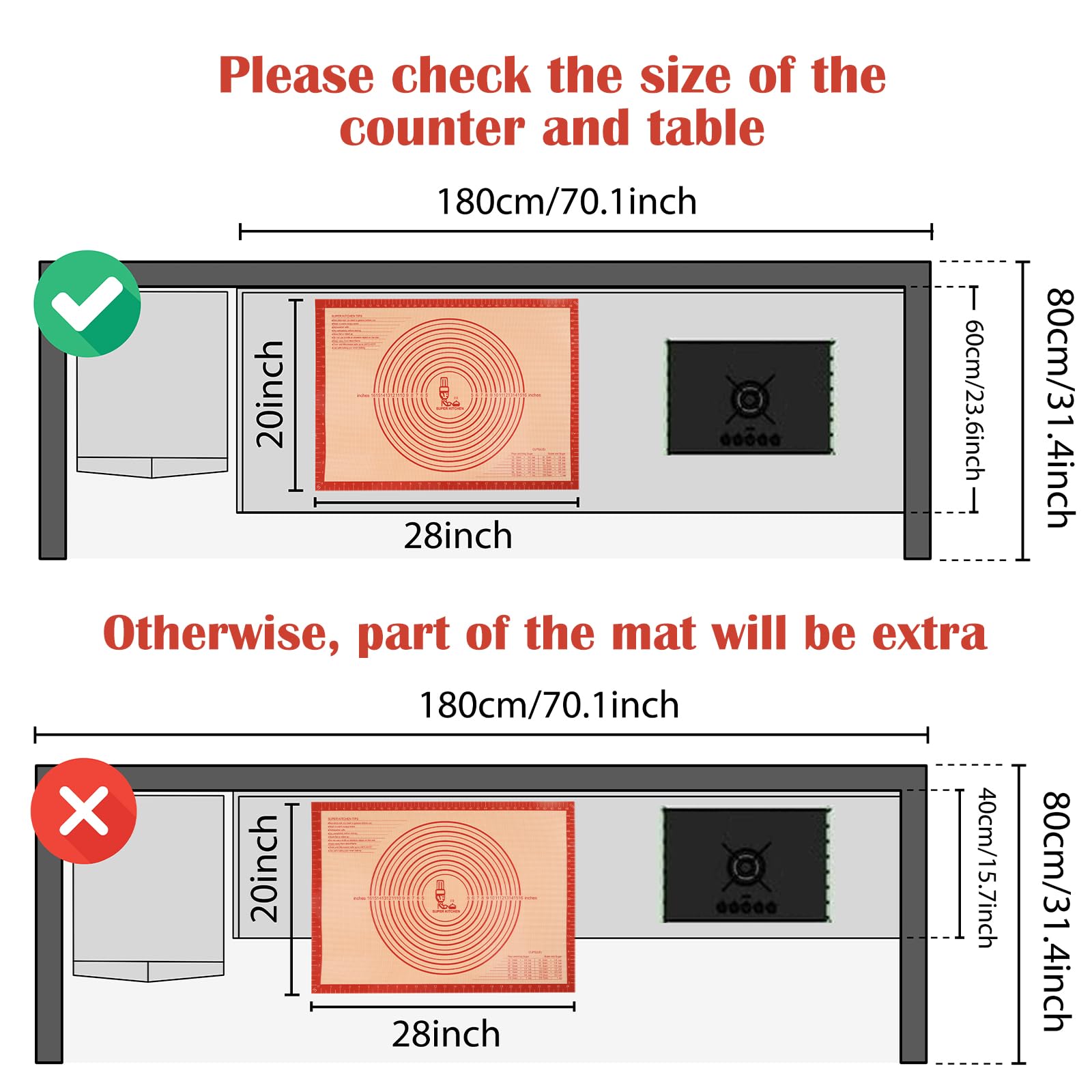 Extra Large Non-slip Silicone Pastry Mat with Measurements, 28'' x 20''