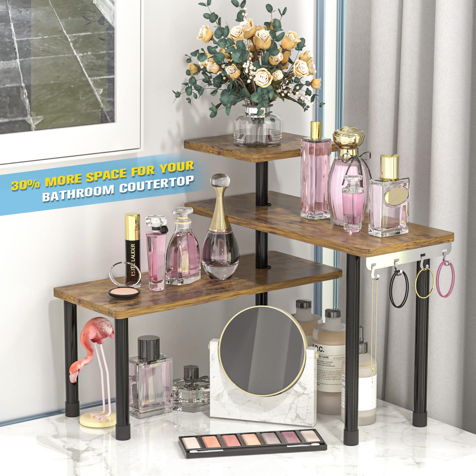 Rustic Brown 3-Tier Corner Countertop Shelf
