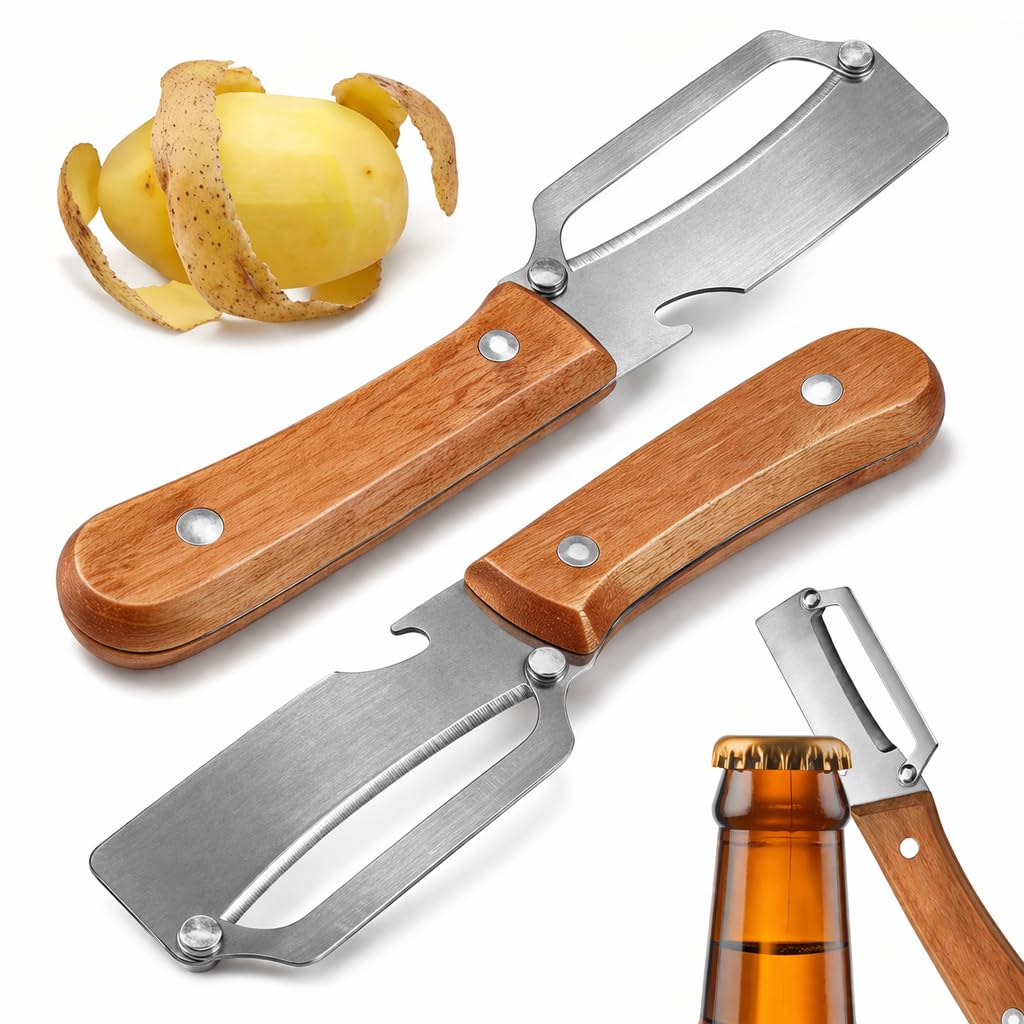 Premium Vegetable Peeler with Wood Handle and Bottle Opener