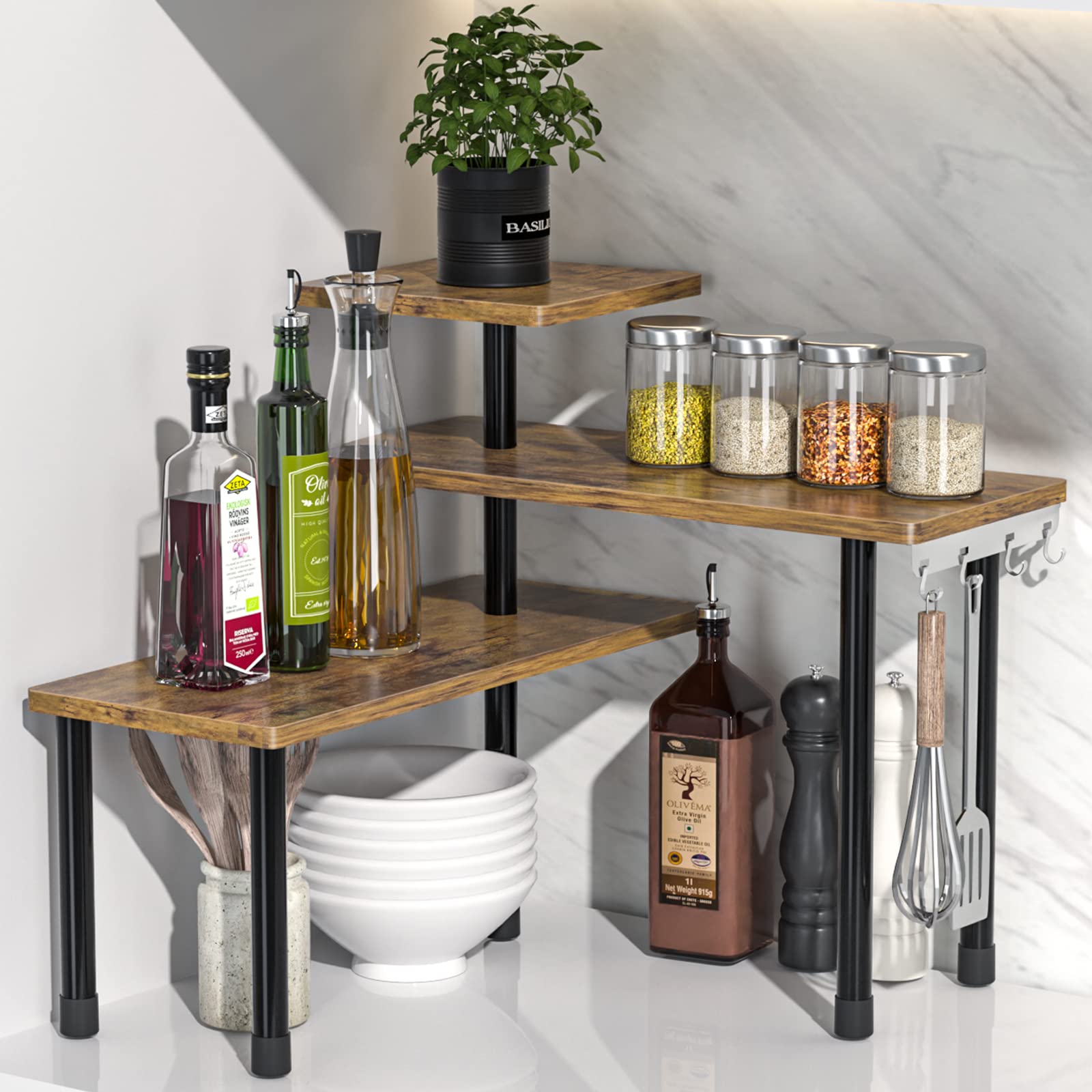 Rustic Brown 3-Tier Corner Countertop Shelf