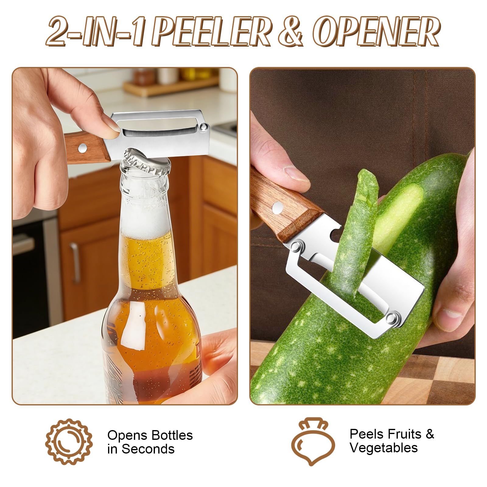 Premium Vegetable Peeler with Wood Handle and Bottle Opener